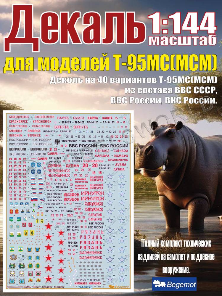 Декаль на 40 вариантов Т_у-95МС(МСМ) из состава ВВС СССР, ВВС России, ВКС России. 1:144 - фото 1